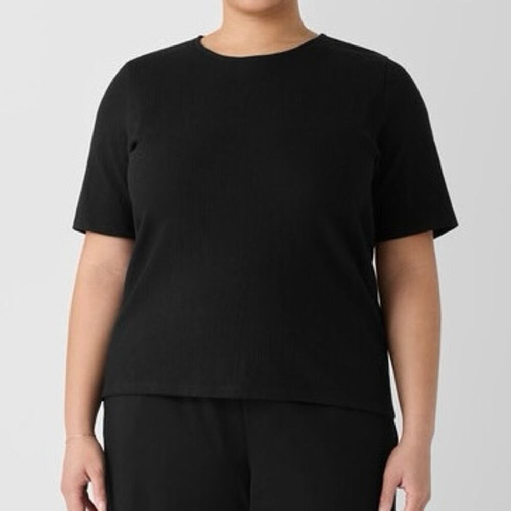 Eileen Fisher 1X Black Crinkled Tencel Stretch Top Elbow Short Sleeve Minimalist